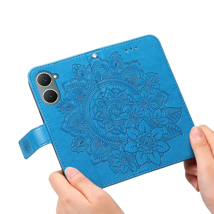 For vivo Y03 Cell Phone Cases Imprinted Flower Pattern Stand Cover with Hand Strap - Blue