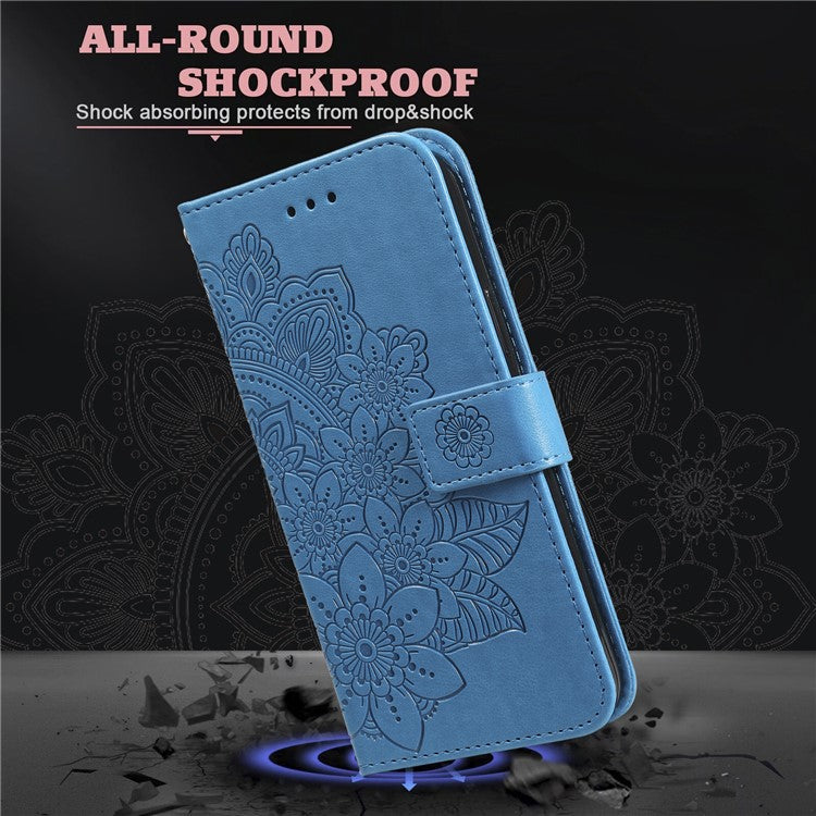 For vivo Y03 Cell Phone Cases Imprinted Flower Pattern Stand Cover with Hand Strap - Blue