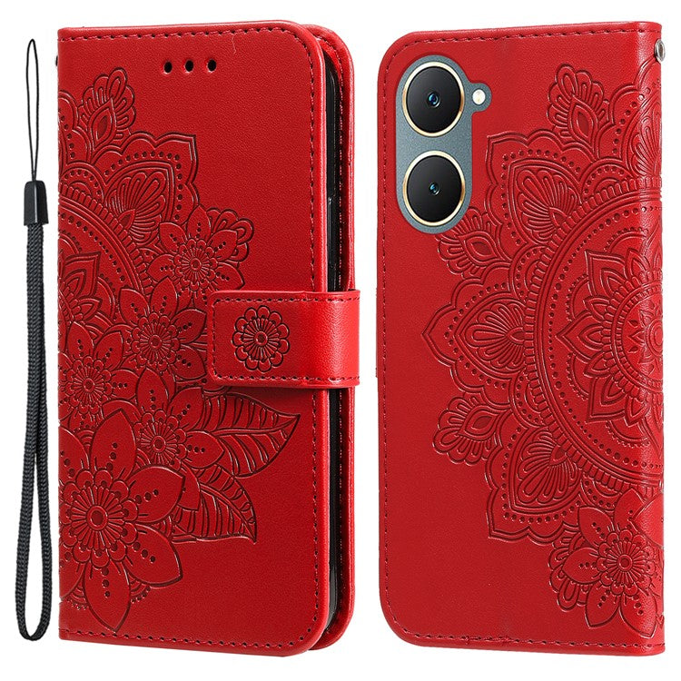 For vivo Y03 Cell Phone Cases Imprinted Flower Pattern Stand Cover with Hand Strap - Red