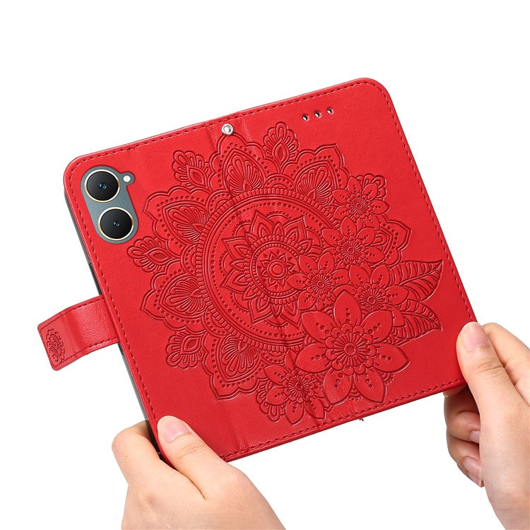 For vivo Y03 Cell Phone Cases Imprinted Flower Pattern Stand Cover with Hand Strap - Red