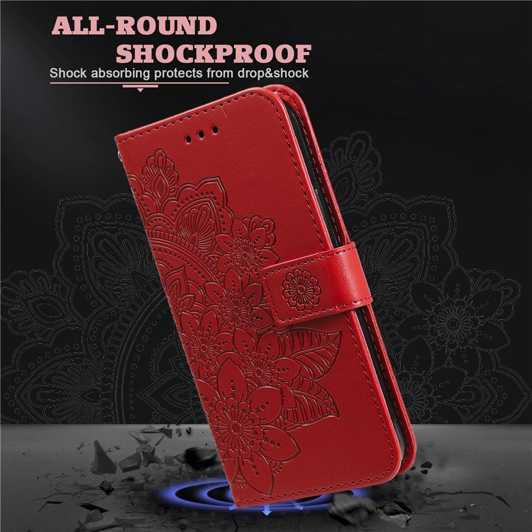 For vivo Y03 Cell Phone Cases Imprinted Flower Pattern Stand Cover with Hand Strap - Red