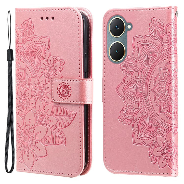 For vivo Y03 Cell Phone Cases Imprinted Flower Pattern Stand Cover with Hand Strap - Pink