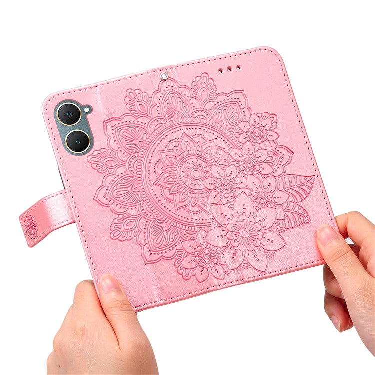 For vivo Y03 Cell Phone Cases Imprinted Flower Pattern Stand Cover with Hand Strap - Pink