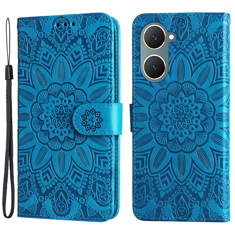 For vivo Y03 PU Leather Phone Shell Imprinted Sunflower Phone Stand Card Holder Cover - Blue