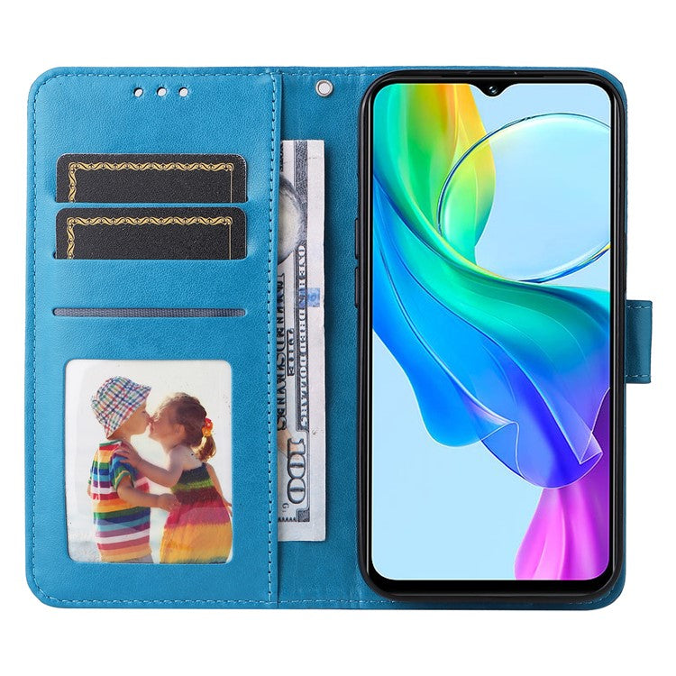 For vivo Y03 PU Leather Phone Shell Imprinted Sunflower Phone Stand Card Holder Cover - Blue