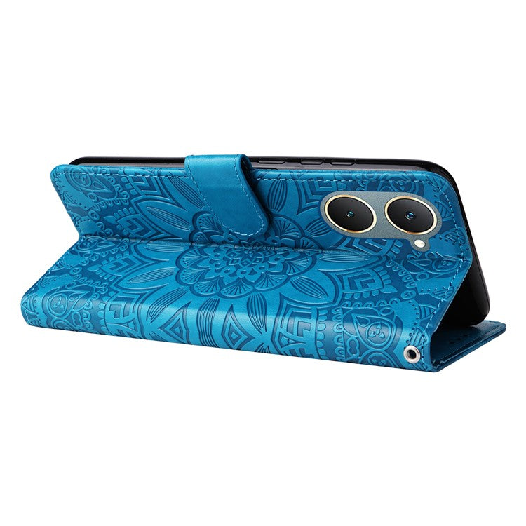 For vivo Y03 PU Leather Phone Shell Imprinted Sunflower Phone Stand Card Holder Cover - Blue