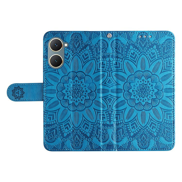 For vivo Y03 PU Leather Phone Shell Imprinted Sunflower Phone Stand Card Holder Cover - Blue