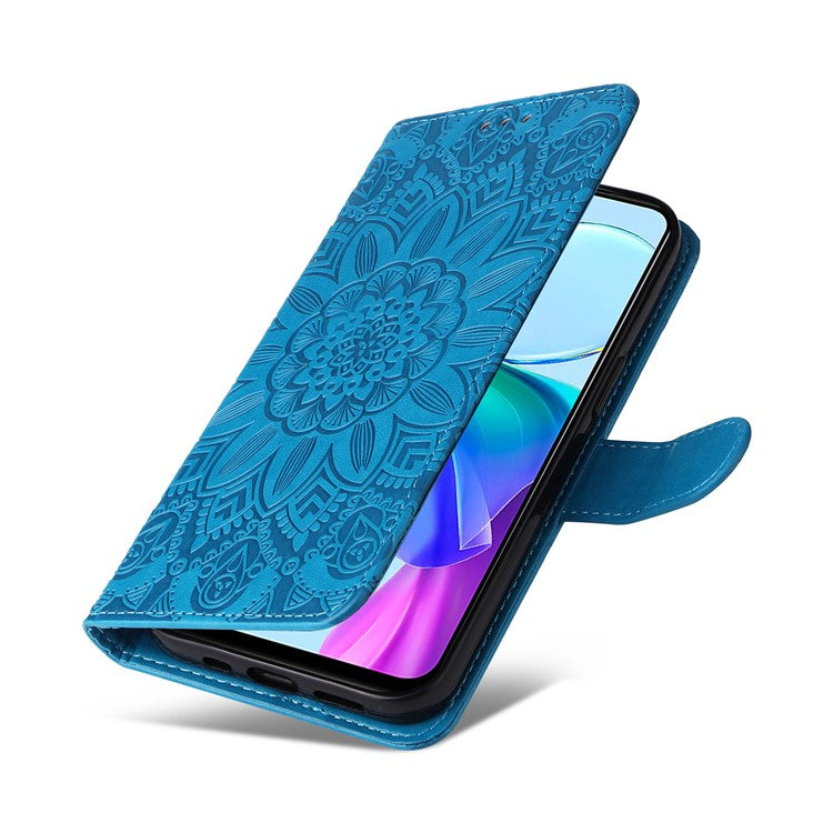 For vivo Y03 PU Leather Phone Shell Imprinted Sunflower Phone Stand Card Holder Cover - Blue