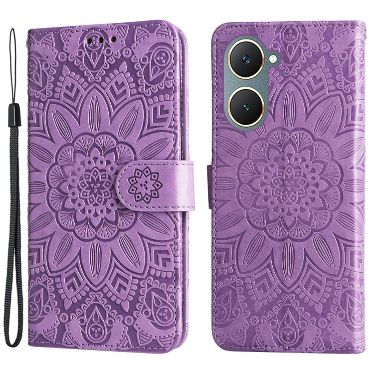 For vivo Y03 PU Leather Phone Shell Imprinted Sunflower Phone Stand Card Holder Cover - Purple