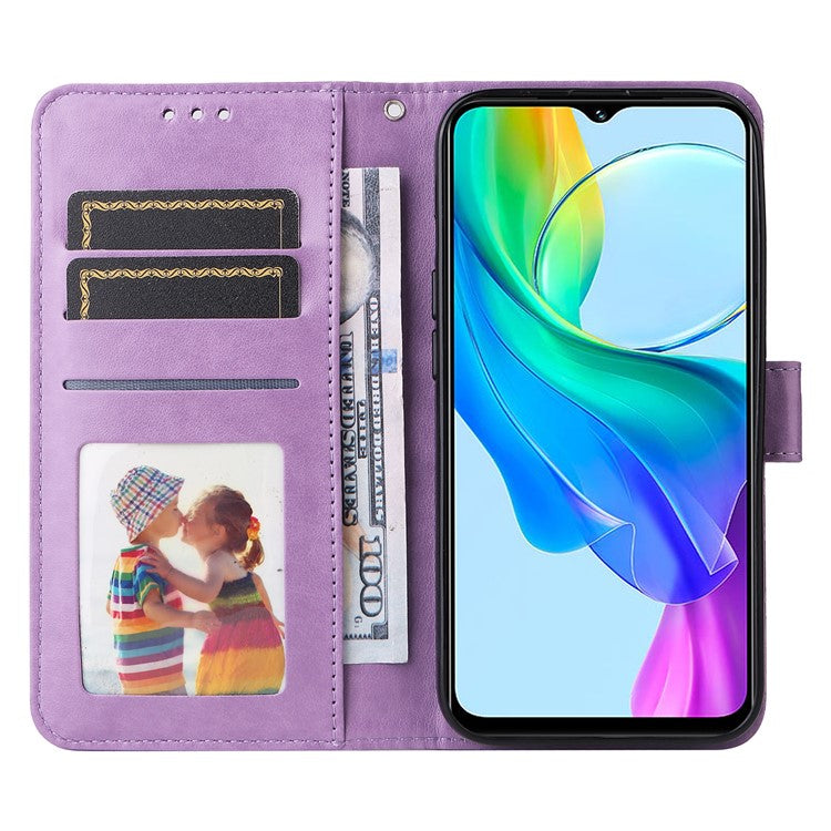 For vivo Y03 PU Leather Phone Shell Imprinted Sunflower Phone Stand Card Holder Cover - Purple