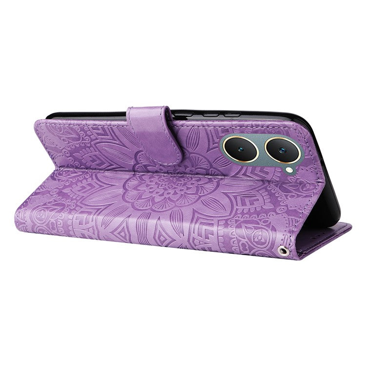 For vivo Y03 PU Leather Phone Shell Imprinted Sunflower Phone Stand Card Holder Cover - Purple