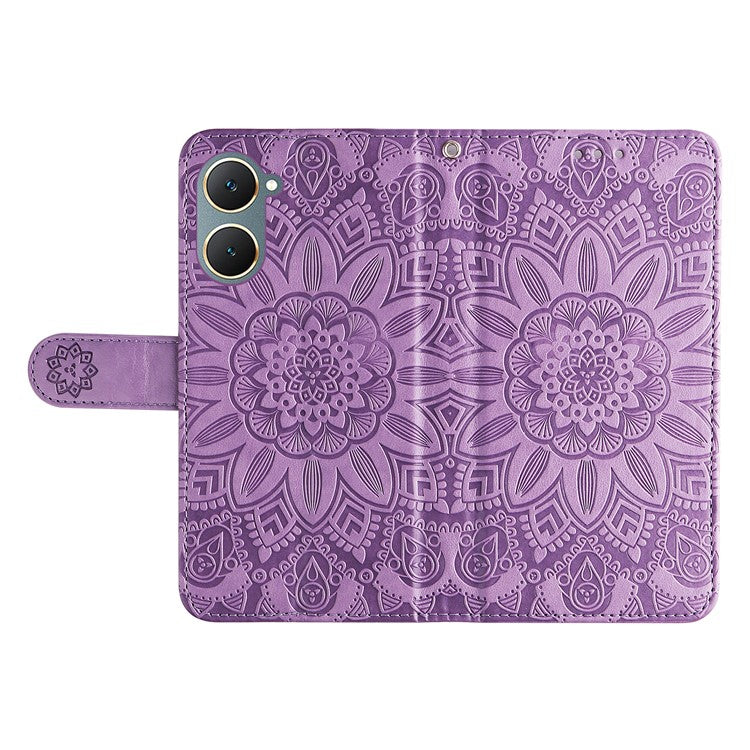 For vivo Y03 PU Leather Phone Shell Imprinted Sunflower Phone Stand Card Holder Cover - Purple