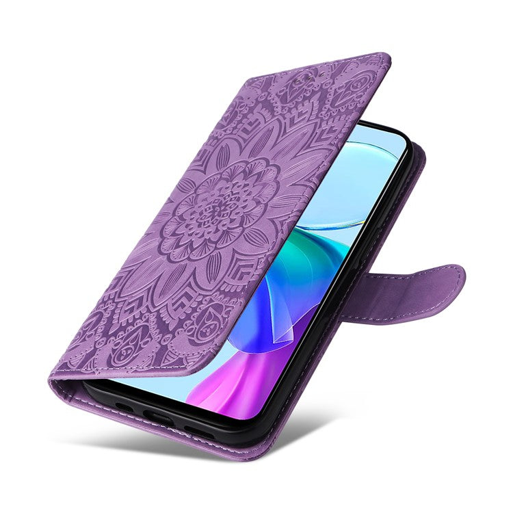 For vivo Y03 PU Leather Phone Shell Imprinted Sunflower Phone Stand Card Holder Cover - Purple