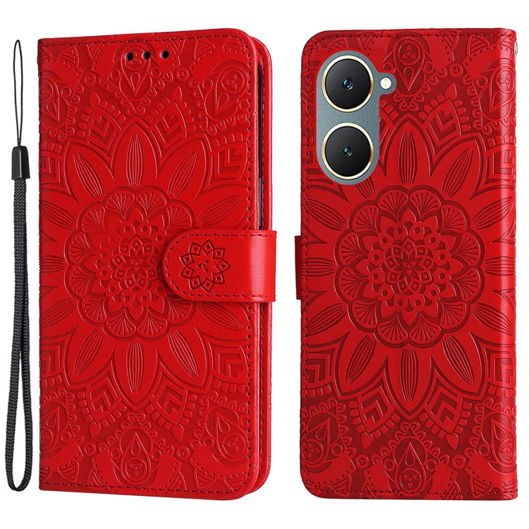 For vivo Y03 PU Leather Phone Shell Imprinted Sunflower Phone Stand Card Holder Cover - Red