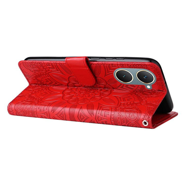 For vivo Y03 PU Leather Phone Shell Imprinted Sunflower Phone Stand Card Holder Cover - Red