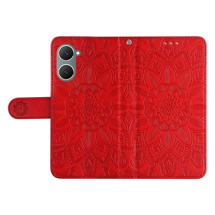 For vivo Y03 PU Leather Phone Shell Imprinted Sunflower Phone Stand Card Holder Cover - Red