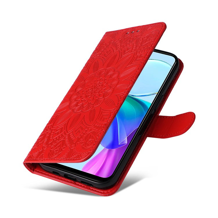 For vivo Y03 PU Leather Phone Shell Imprinted Sunflower Phone Stand Card Holder Cover - Red