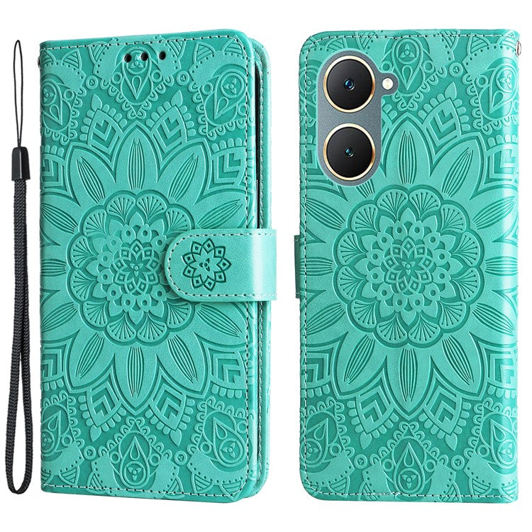 For vivo Y03 PU Leather Phone Shell Imprinted Sunflower Phone Stand Card Holder Cover - Green