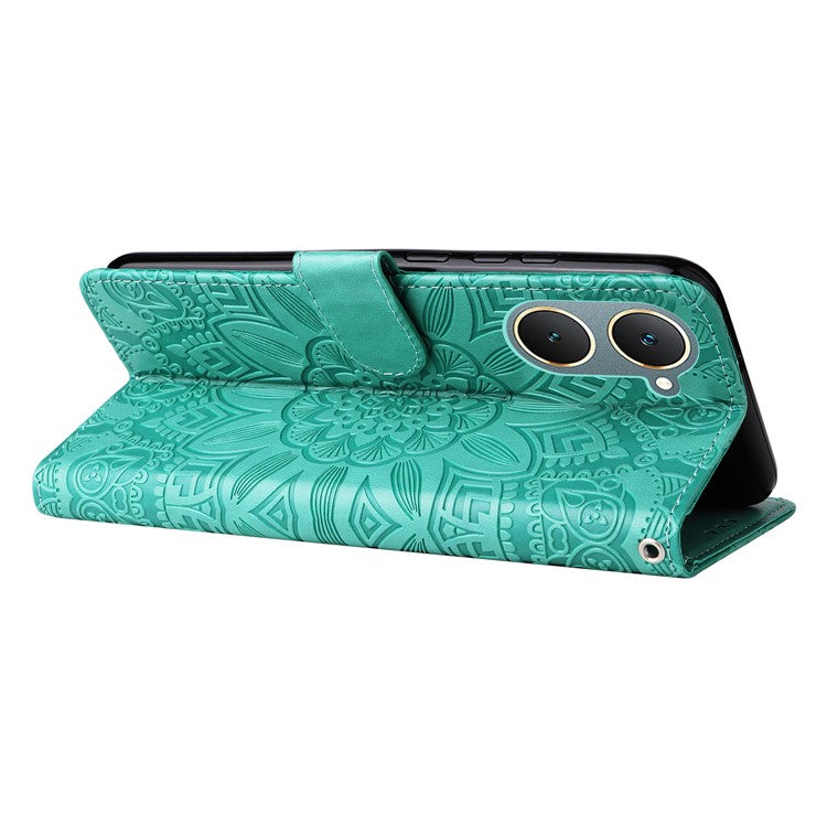 For vivo Y03 PU Leather Phone Shell Imprinted Sunflower Phone Stand Card Holder Cover - Green