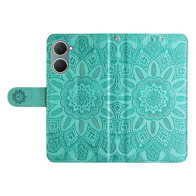 For vivo Y03 PU Leather Phone Shell Imprinted Sunflower Phone Stand Card Holder Cover - Green