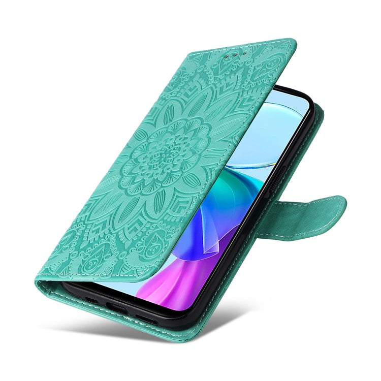 For vivo Y03 PU Leather Phone Shell Imprinted Sunflower Phone Stand Card Holder Cover - Green