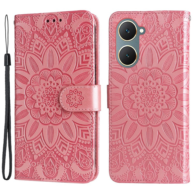 For vivo Y03 PU Leather Phone Shell Imprinted Sunflower Phone Stand Card Holder Cover - Pink