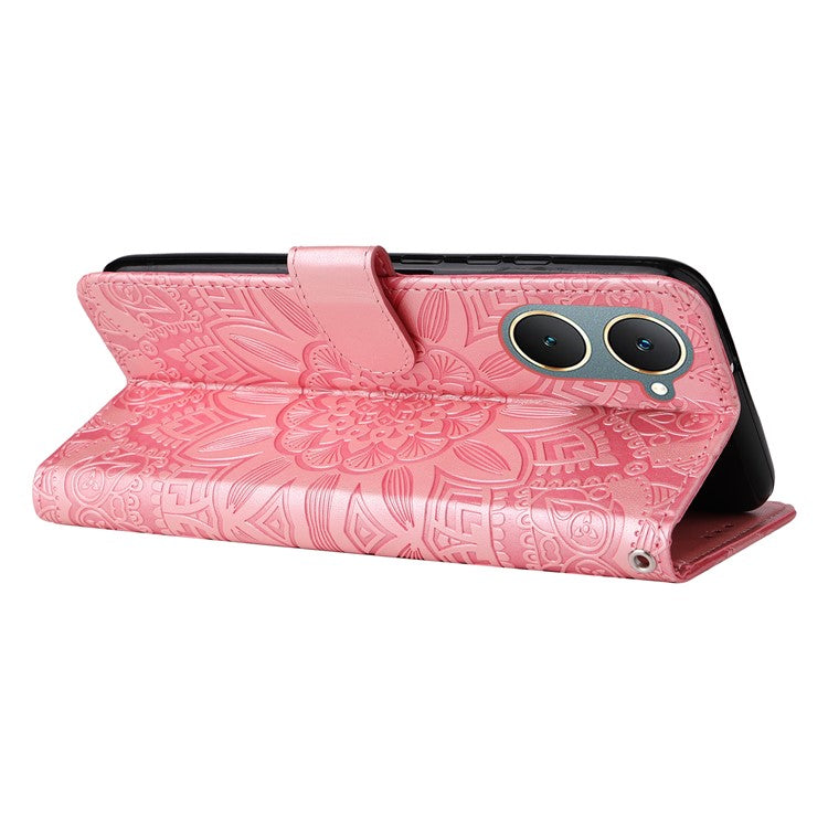 For vivo Y03 PU Leather Phone Shell Imprinted Sunflower Phone Stand Card Holder Cover - Pink