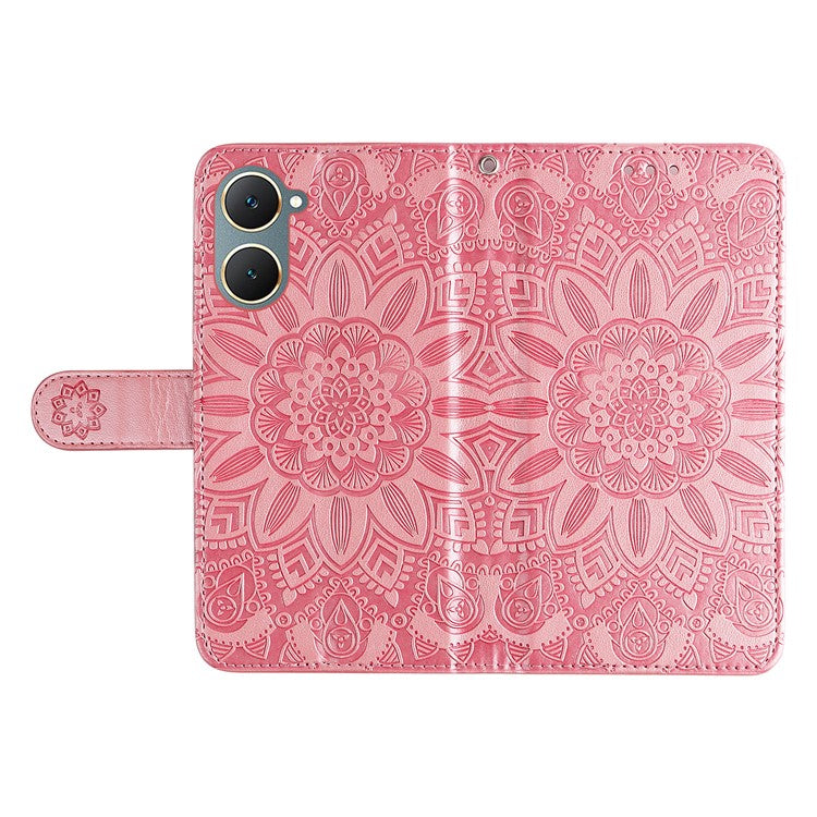 For vivo Y03 PU Leather Phone Shell Imprinted Sunflower Phone Stand Card Holder Cover - Pink