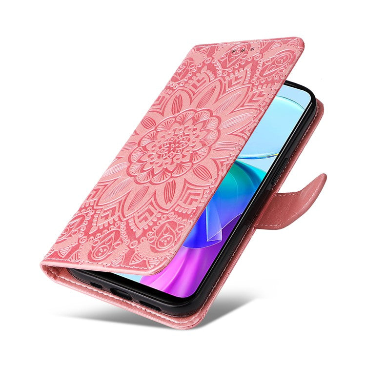 For vivo Y03 PU Leather Phone Shell Imprinted Sunflower Phone Stand Card Holder Cover - Pink