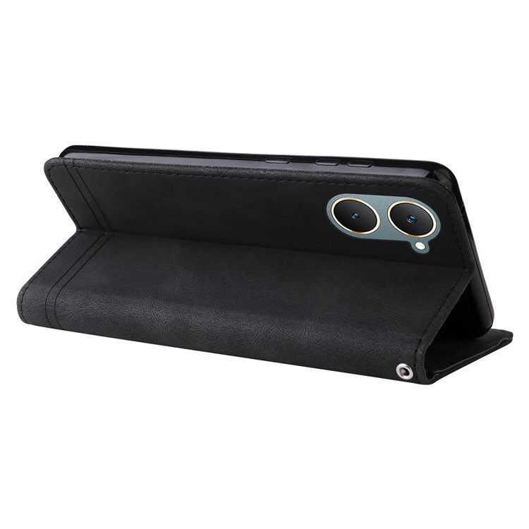 For vivo Y03 Case Skin-touch PU Leather Phone Stand Cover - Black