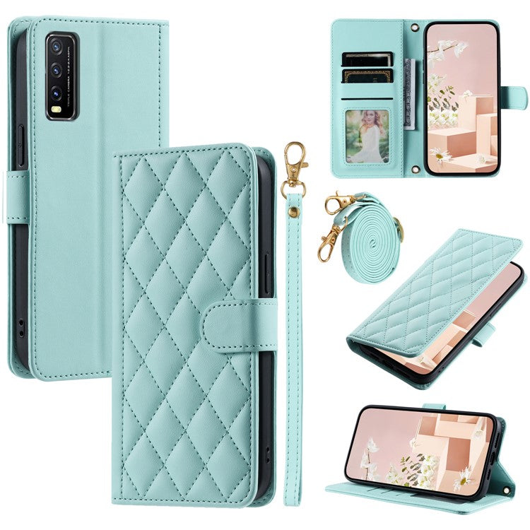 For vivo Y20 / Y20i / Y20s / Y20A / Y20G / Y11s / Y12s / iQOO U1x / Y12a Case Leather Wallet Flip Phone Cover with Shoulder Strap - Mint Green