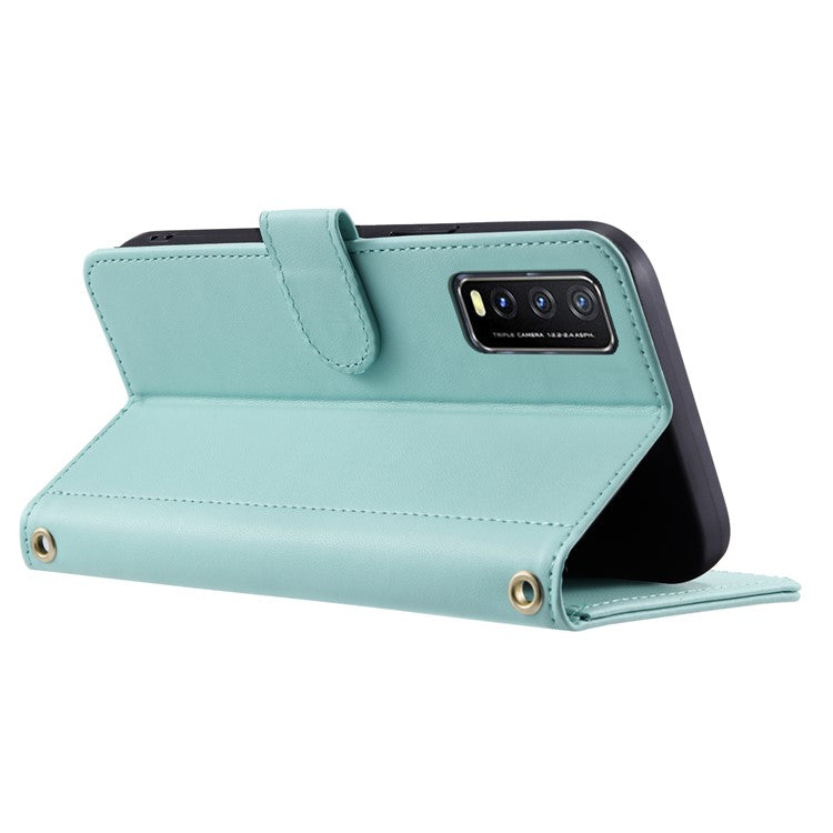 For vivo Y20 / Y20i / Y20s / Y20A / Y20G / Y11s / Y12s / iQOO U1x / Y12a Case Leather Wallet Flip Phone Cover with Shoulder Strap - Mint Green