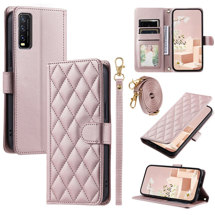 For vivo Y20 / Y20i / Y20s / Y20A / Y20G / Y11s / Y12s / iQOO U1x / Y12a Case Leather Wallet Flip Phone Cover with Shoulder Strap - Rose Gold