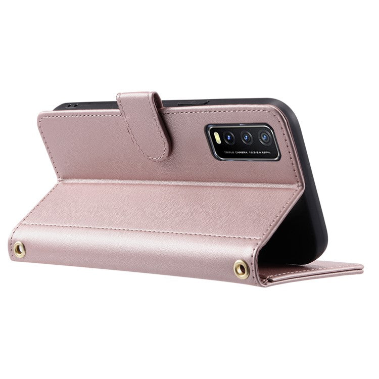 For vivo Y20 / Y20i / Y20s / Y20A / Y20G / Y11s / Y12s / iQOO U1x / Y12a Case Leather Wallet Flip Phone Cover with Shoulder Strap - Rose Gold