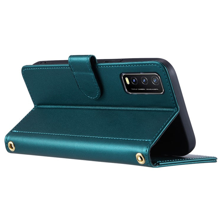 For vivo Y20 / Y20i / Y20s / Y20A / Y20G / Y11s / Y12s / iQOO U1x / Y12a Case Leather Wallet Flip Phone Cover with Shoulder Strap - Green