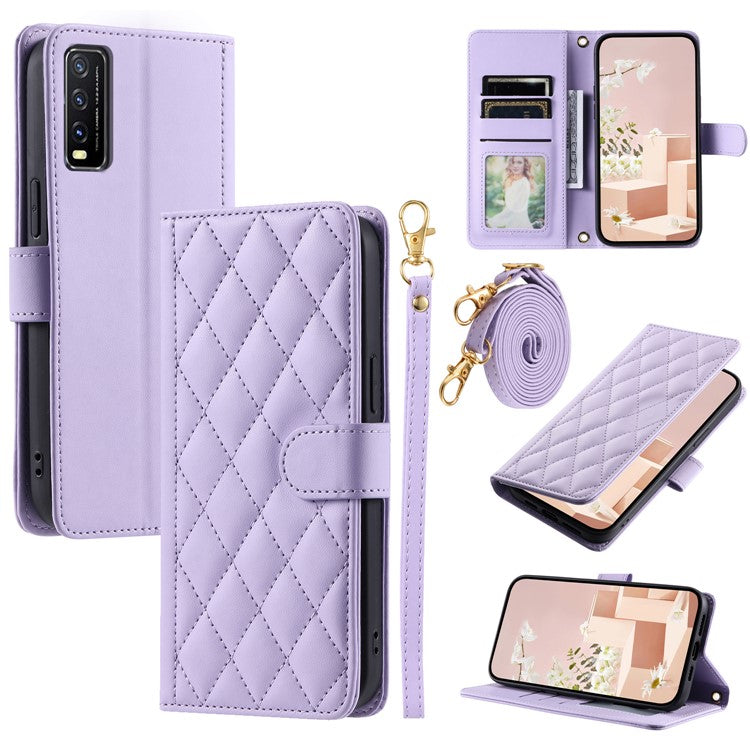 For vivo Y20 / Y20i / Y20s / Y20A / Y20G / Y11s / Y12s / iQOO U1x / Y12a Case Leather Wallet Flip Phone Cover with Shoulder Strap - Purple