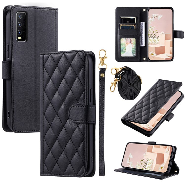 For vivo Y20 / Y20i / Y20s / Y20A / Y20G / Y11s / Y12s / iQOO U1x / Y12a Case Leather Wallet Flip Phone Cover with Shoulder Strap - Black