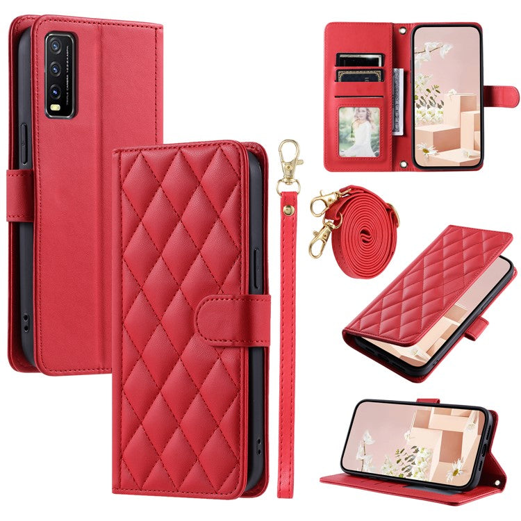 For vivo Y20 / Y20i / Y20s / Y20A / Y20G / Y11s / Y12s / iQOO U1x / Y12a Case Leather Wallet Flip Phone Cover with Shoulder Strap - Red