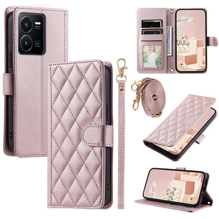 For vivo Y35 4G (2022) / Y22s 4G / Y22 4G / Y77 5G / Y77e 5G Case Wallet Rhombus Leather Phone Cover - Rose Gold