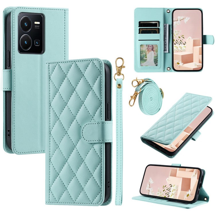 For vivo Y35 4G (2022) / Y22s 4G / Y22 4G / Y77 5G / Y77e 5G Case Wallet Rhombus Leather Phone Cover - Mint Green