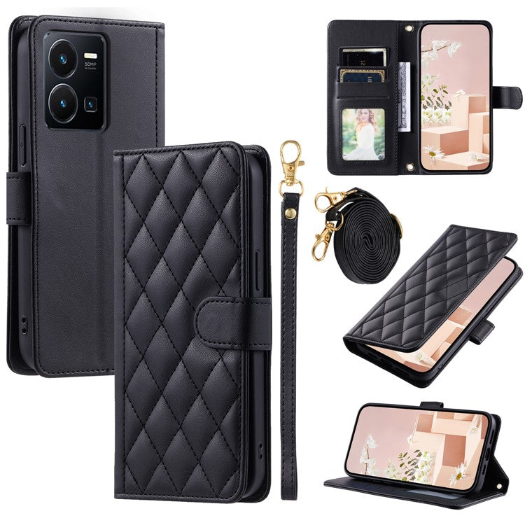 For vivo Y35 4G (2022) / Y22s 4G / Y22 4G / Y77 5G / Y77e 5G Case Wallet Rhombus Leather Phone Cover - Black