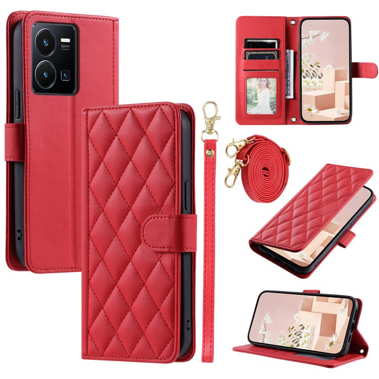 For vivo Y35 4G (2022) / Y22s 4G / Y22 4G / Y77 5G / Y77e 5G Case Wallet Rhombus Leather Phone Cover - Red