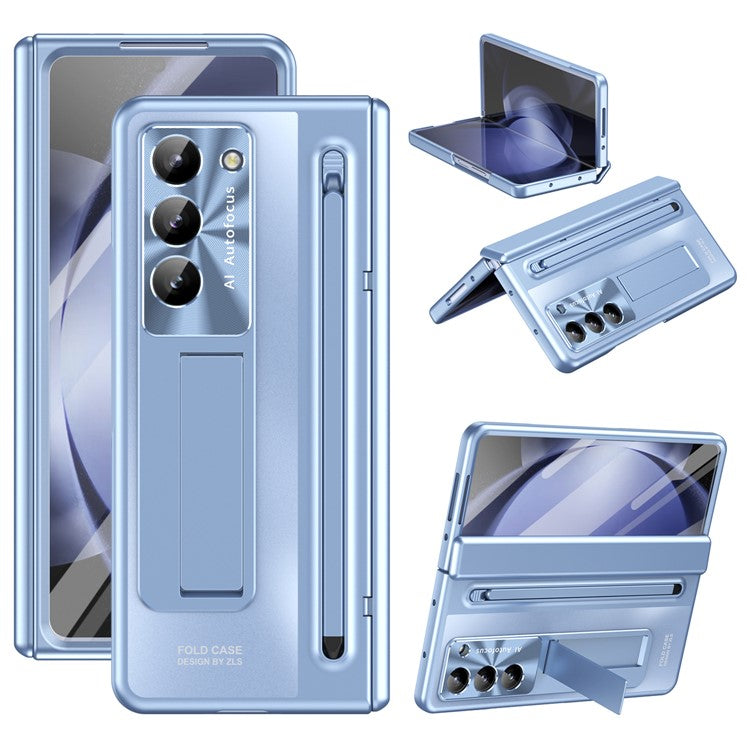 For Samsung Galaxy Z Fold6 5G Kickstand Case Hinge PC Phone Cover with Tempered Glass Film / Stylus - Blue