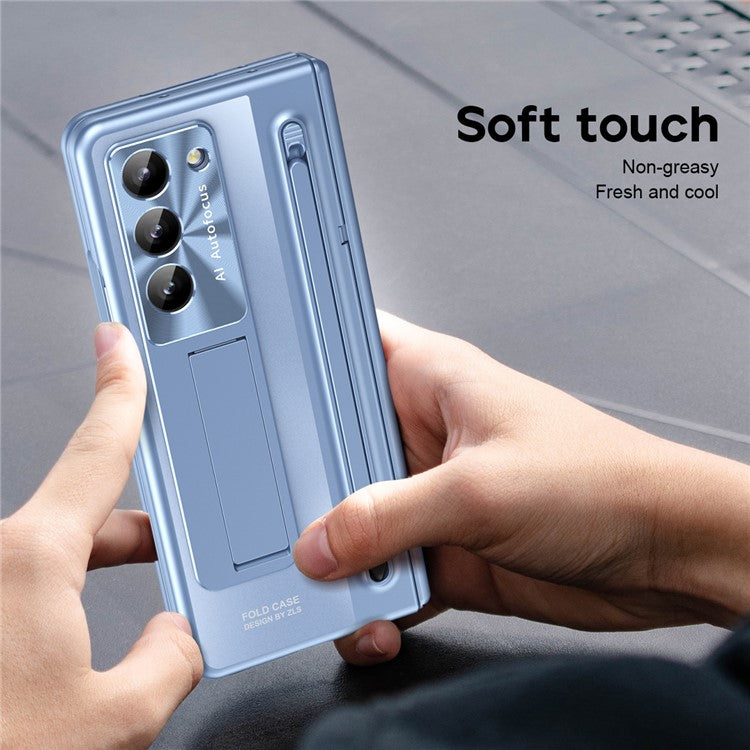 For Samsung Galaxy Z Fold6 5G Kickstand Case Hinge PC Phone Cover with Tempered Glass Film / Stylus - Blue