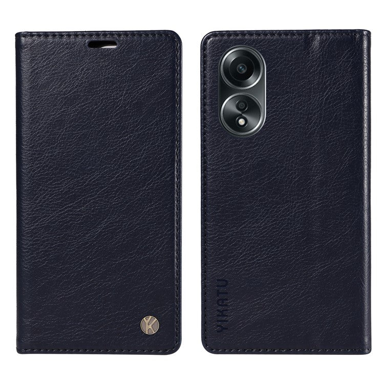 YIKATU YK-006 For Oppo A58 4G Leather Wallet Case Magnetic Closing Flip Phone Cover - Navy Blue