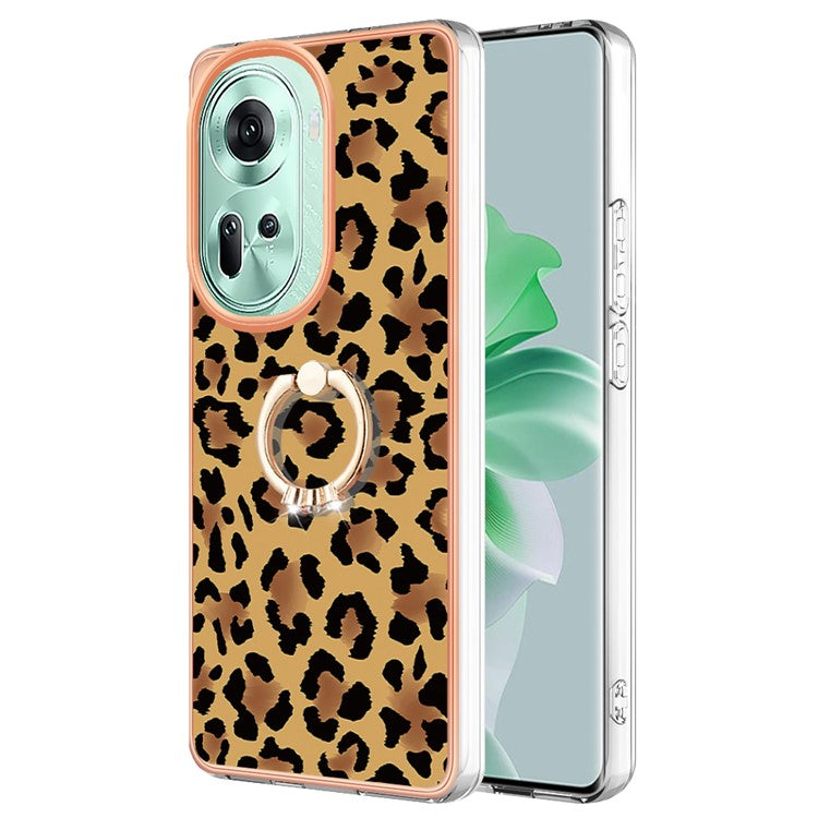 YB IMD Series-20 Style D for Oppo Reno11 5G (Global) Case 2.0mm Electroplating TPU Kickstand Cover - Leopard Print