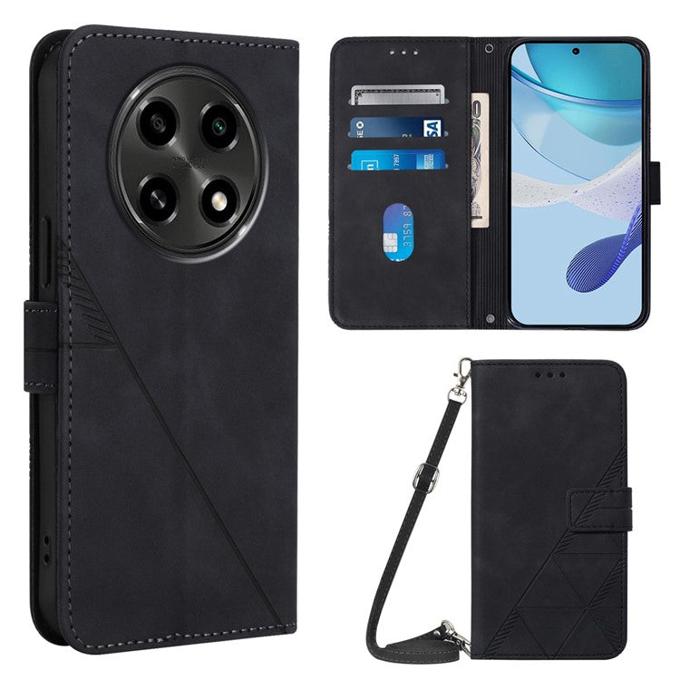 YB Imprinting Series-2 for Oppo A2 Pro 5G / A3 Pro (China) 5G Case PU Leather Imprinted Phone Cover with Shoulder Strap - Black