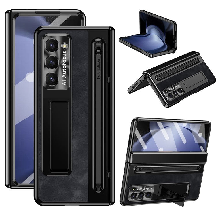 For Samsung Galaxy Z Fold6 5G Kickstand Case Leather+PC Phone Cover with Tempered Glass Film and Stylus - Black