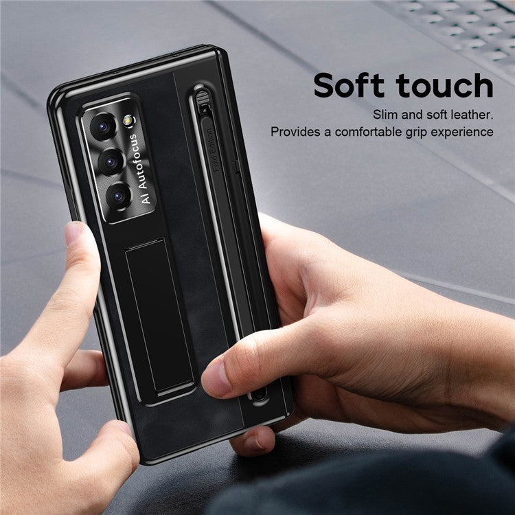 For Samsung Galaxy Z Fold6 5G Kickstand Case Leather+PC Phone Cover with Tempered Glass Film and Stylus - Black