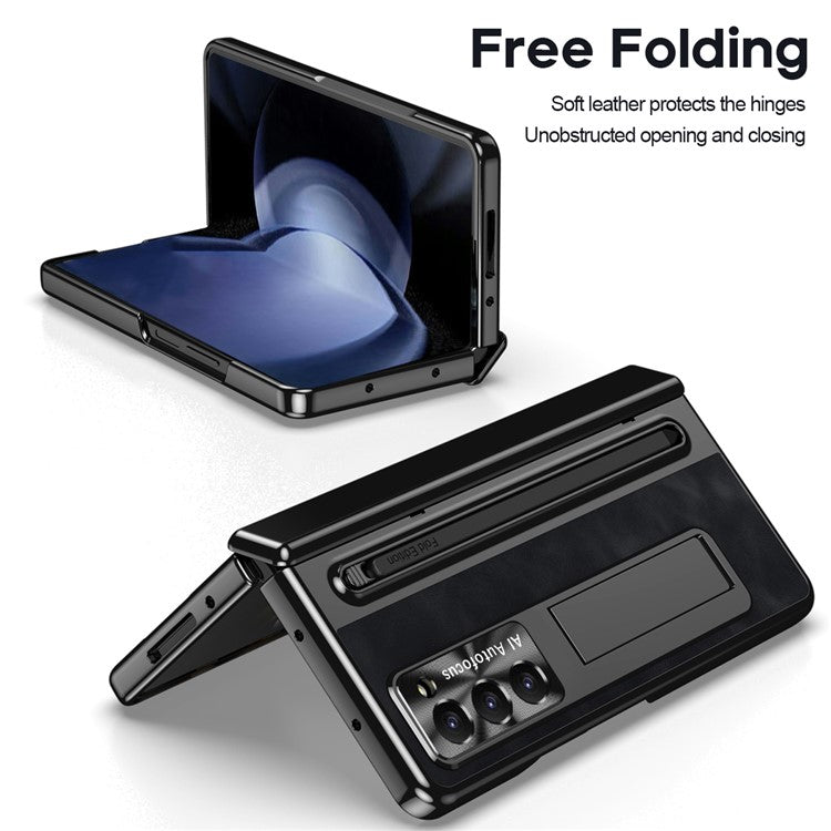 For Samsung Galaxy Z Fold6 5G Kickstand Case Leather+PC Phone Cover with Tempered Glass Film and Stylus - Black